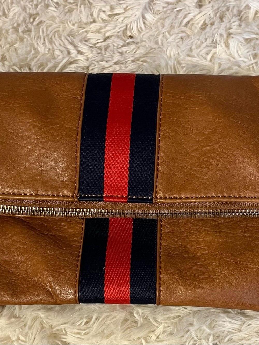 Women’s Tan Leather Clutch with Red & Navy Stripe